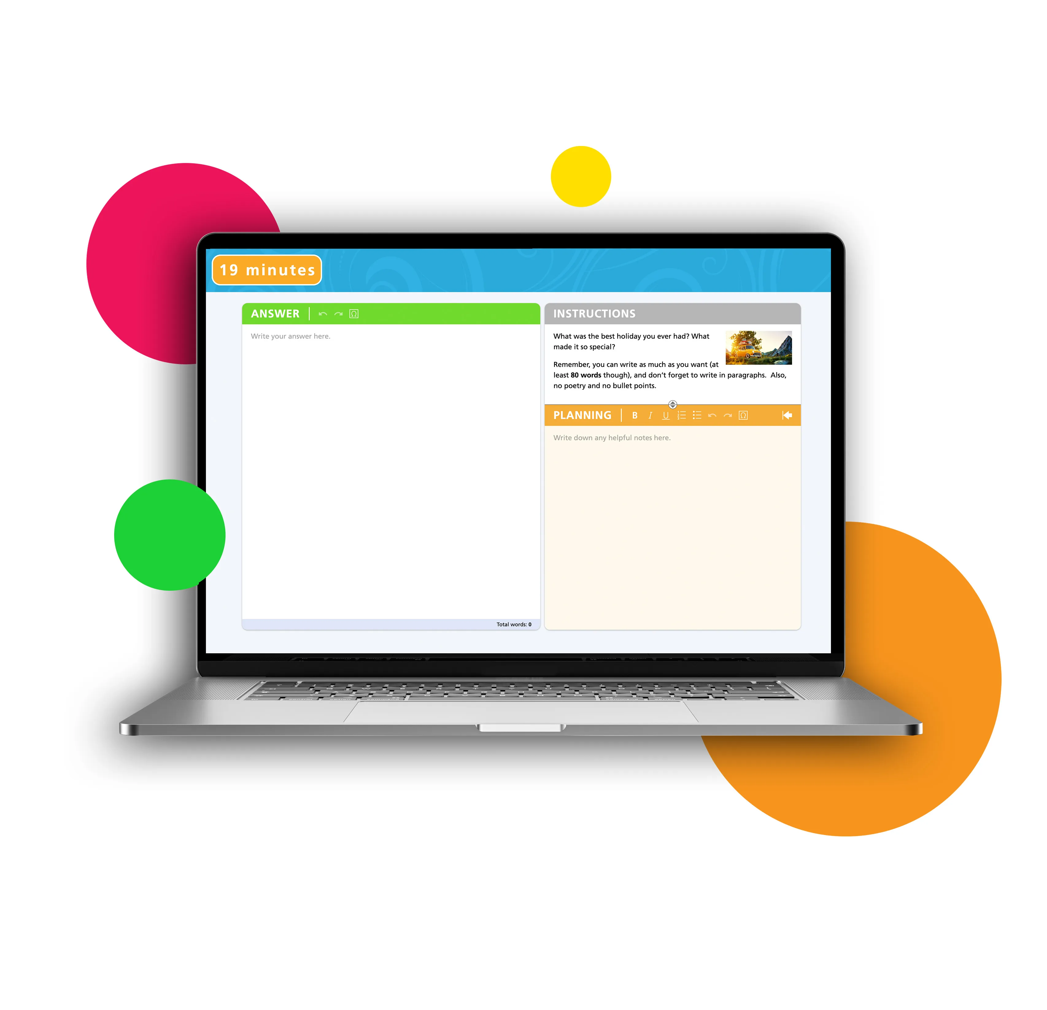 Graphic depicting Writer's Toolbox Diagnostic Writing Test on laptop